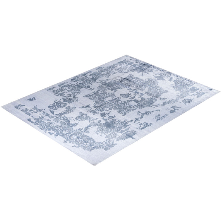 Ivory and Blue Hand-Knotted Silk Area Rug, 9' 3" x 12' 2"