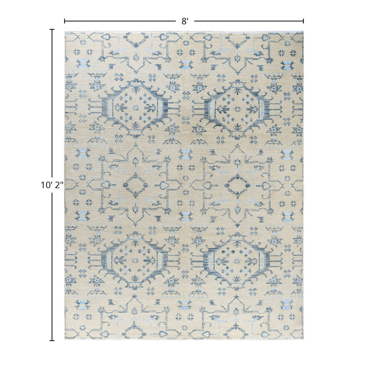 Beige and Blue Hand-Knotted Wool Silk 8' x 10' Area Rug