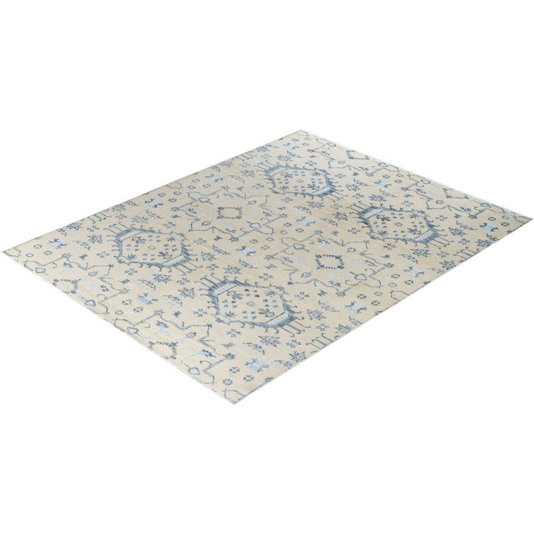 Beige and Blue Hand-Knotted Wool Silk 8' x 10' Area Rug