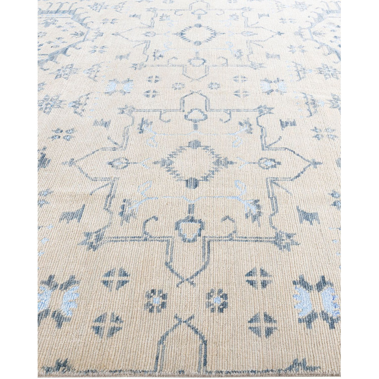 Beige and Blue Hand-Knotted Wool Silk 8' x 10' Area Rug