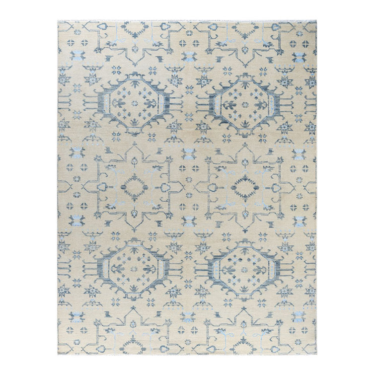 Beige and Blue Hand-Knotted Wool Silk 8' x 10' Area Rug