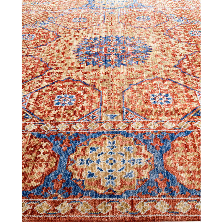 Rust and Blue Hand-Knotted Wool Rectangular Area Rug