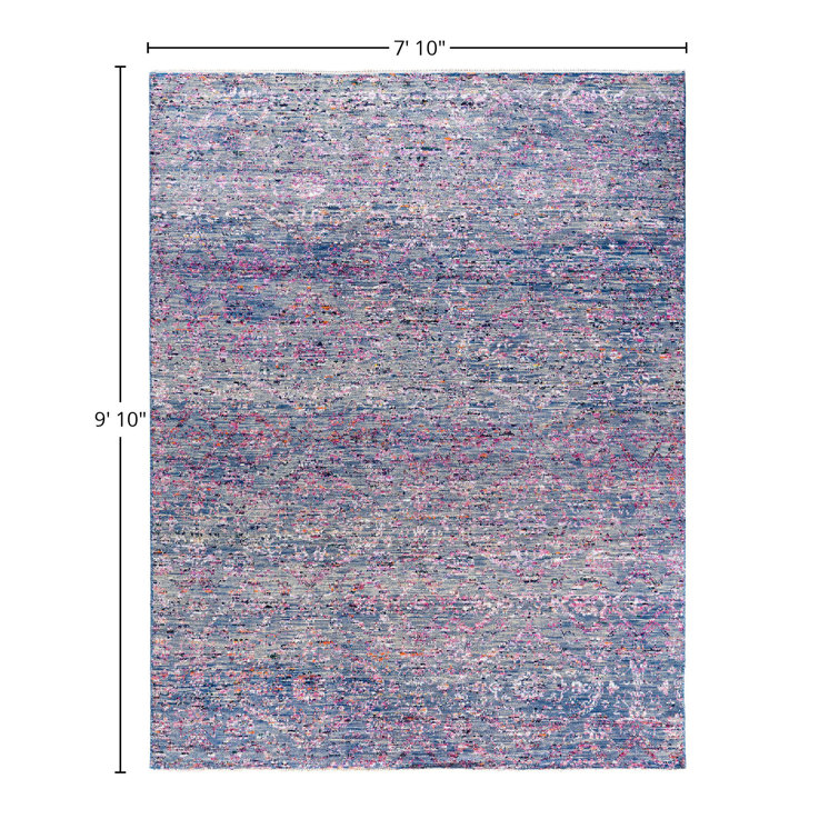 Hand-Knotted Blue Wool and Silk Rectangular Area Rug