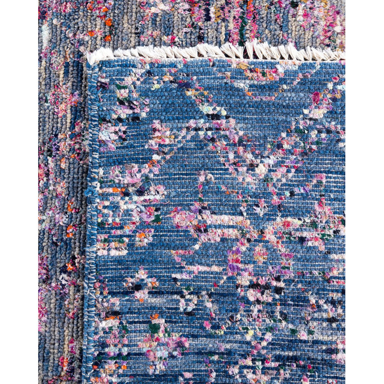 Hand-Knotted Blue Wool and Silk Rectangular Area Rug