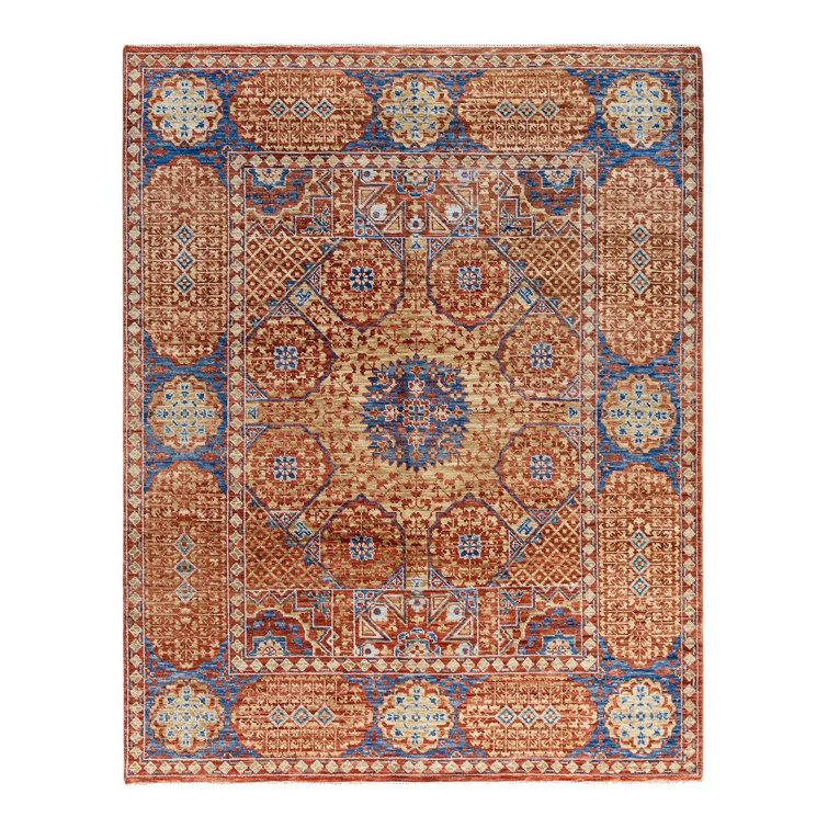 Rust and Blue Hand-Knotted Wool Rectangular Area Rug