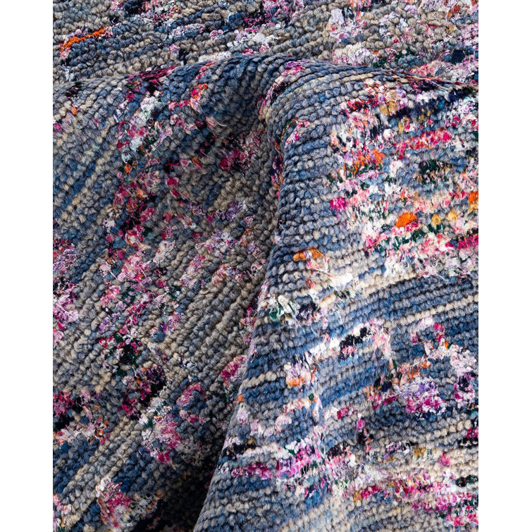 Hand-Knotted Blue Wool and Silk Rectangular Area Rug