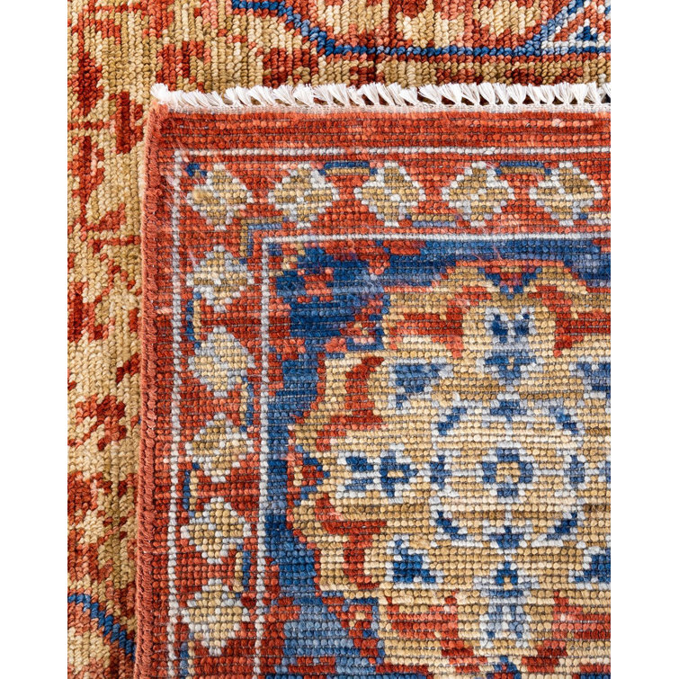 Rust and Blue Hand-Knotted Wool Rectangular Area Rug