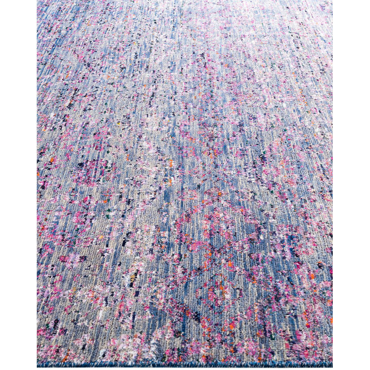 Hand-Knotted Blue Wool and Silk Rectangular Area Rug