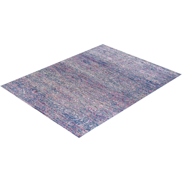 Hand-Knotted Blue Wool and Silk Rectangular Area Rug