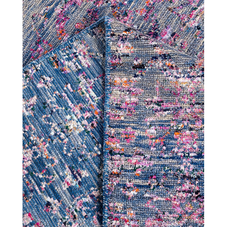 Hand-Knotted Blue Wool and Silk Rectangular Area Rug