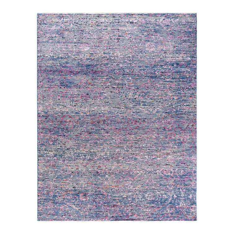 Hand-Knotted Blue Wool and Silk Rectangular Area Rug