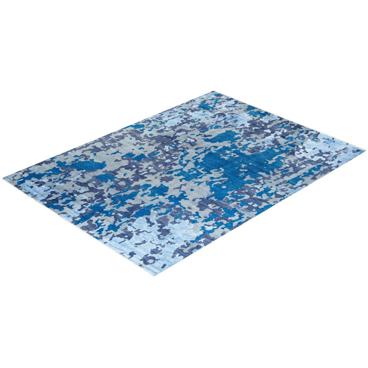 Modern Blue and Gray Hand-Knotted Wool Silk Area Rug