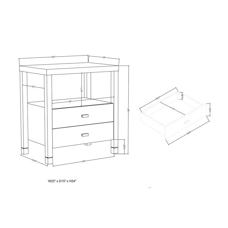 Gray Solid Wood 2-Drawer Nightstand with Shelf