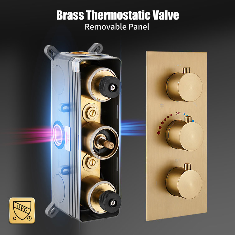 Brushed Gold Dual Square Wall Mounted Shower System with Body Jets