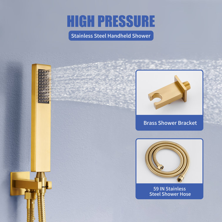 Brushed Gold Dual Square Wall Mounted Shower System with Body Jets