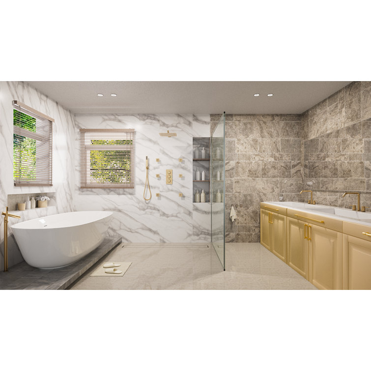 Brushed Gold Dual Square Wall Mounted Shower System with Body Jets