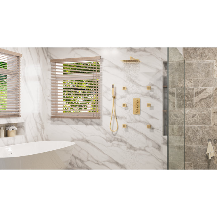 Brushed Gold Dual Square Wall Mounted Shower System with Body Jets