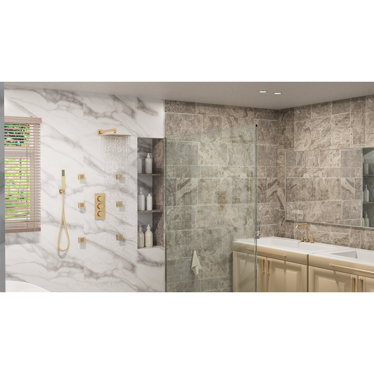 Brushed Gold Dual Square Wall Mounted Shower System with Body Jets