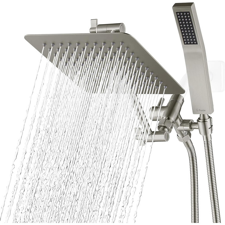Brushed Nickel Dual Square Rain Shower Head with Handheld Wand
