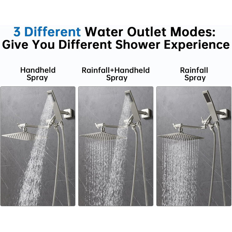 Brushed Nickel Dual Square Rain Shower Head with Handheld Wand