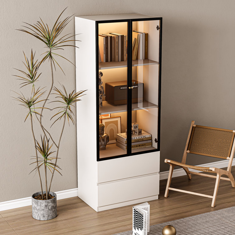 Modern White and Black Lighted China Cabinet with Glass Doors