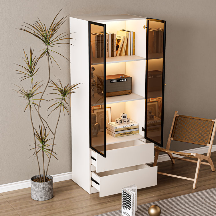 Modern White and Black Lighted China Cabinet with Glass Doors