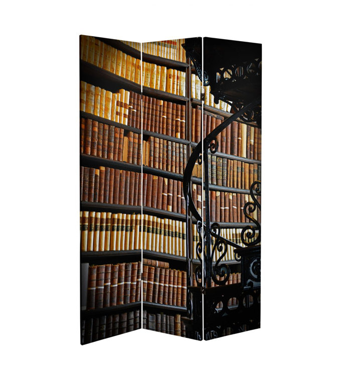 Elegant 6ft Warm Toned Library Canvas 3-Panel Folding Room Divider