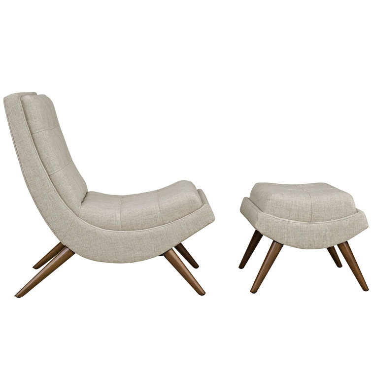 Beige Fabric Lounge Chair Set with Cherry Wood Legs