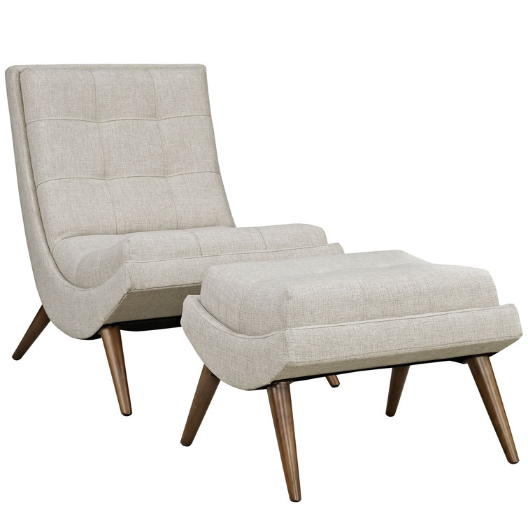 Beige Fabric Lounge Chair Set with Cherry Wood Legs