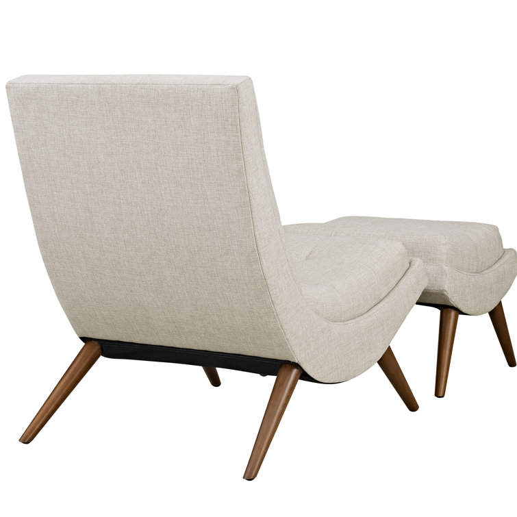 Beige Fabric Lounge Chair Set with Cherry Wood Legs