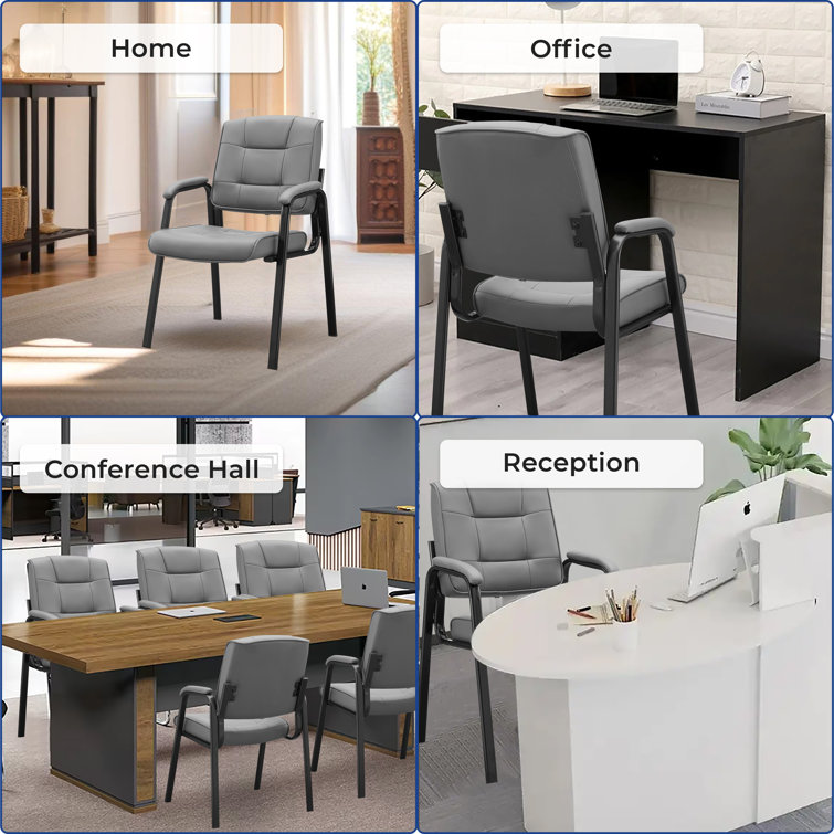 Gray Faux Leather and Metal Office Guest Chairs with Armrests, Set of 2