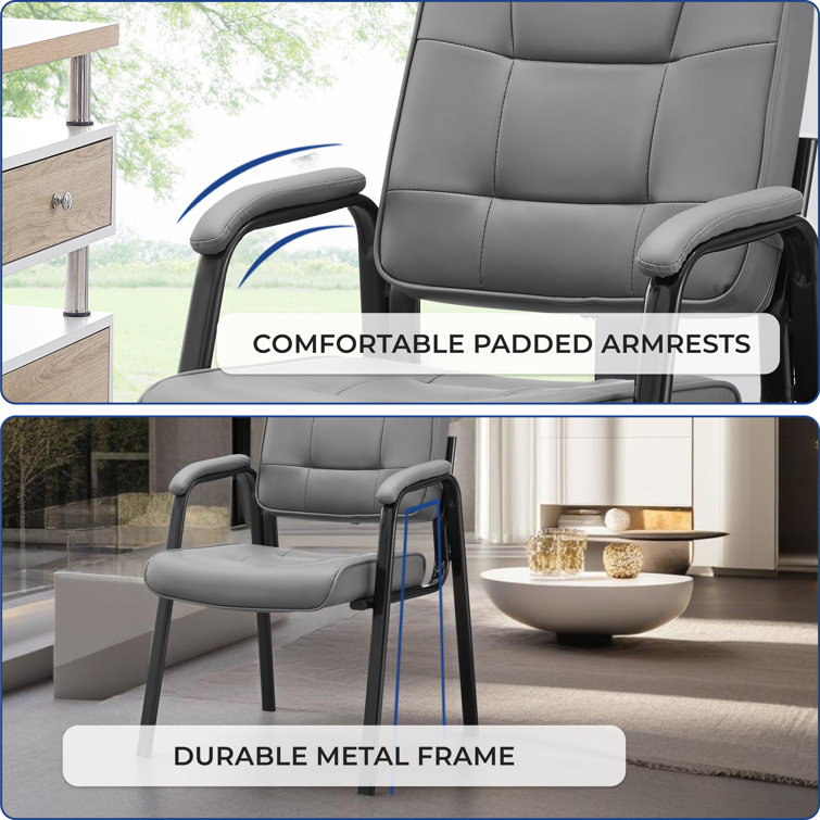 Gray Faux Leather and Metal Office Guest Chairs with Armrests, Set of 2