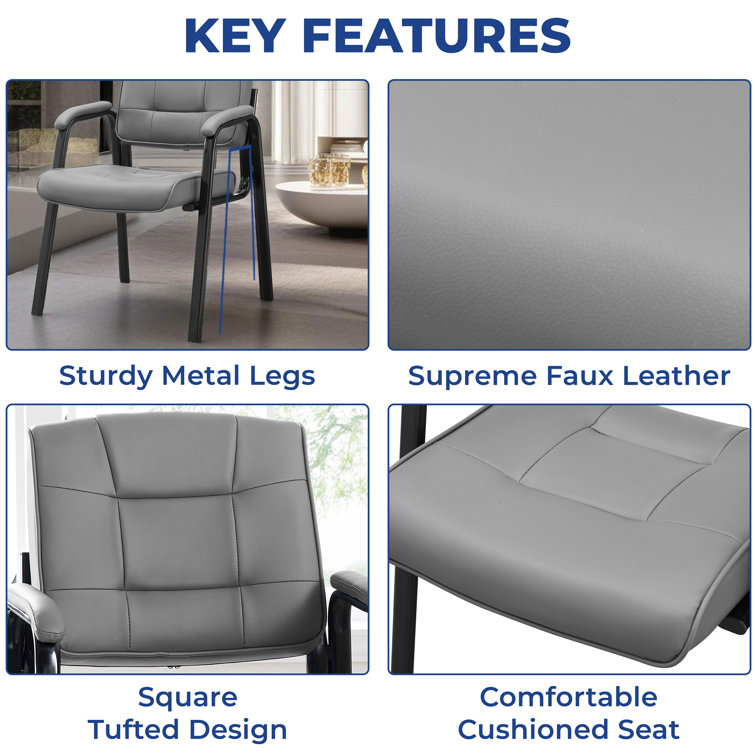 Gray Faux Leather and Metal Office Guest Chairs with Armrests, Set of 2