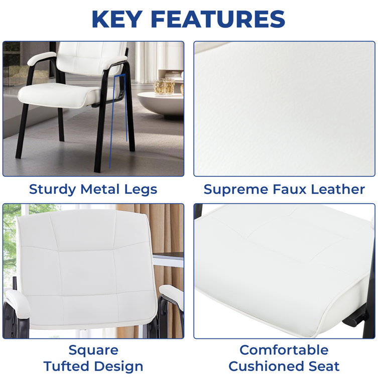 White Faux Leather Executive Guest Chairs with Metal Frame, Set of 2