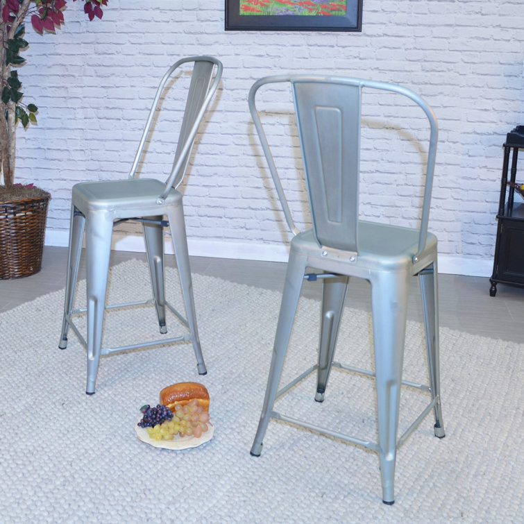 Set of 2 Rustic Pewter Counter Stools with Metal Frame