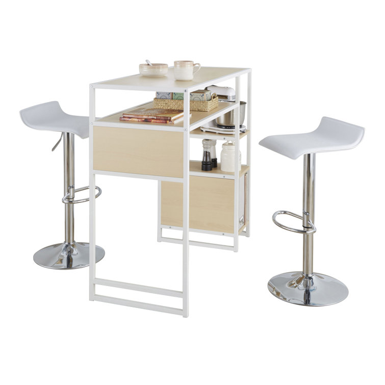 Chrome and White Adjustable Bar Set with Natural Wood Table