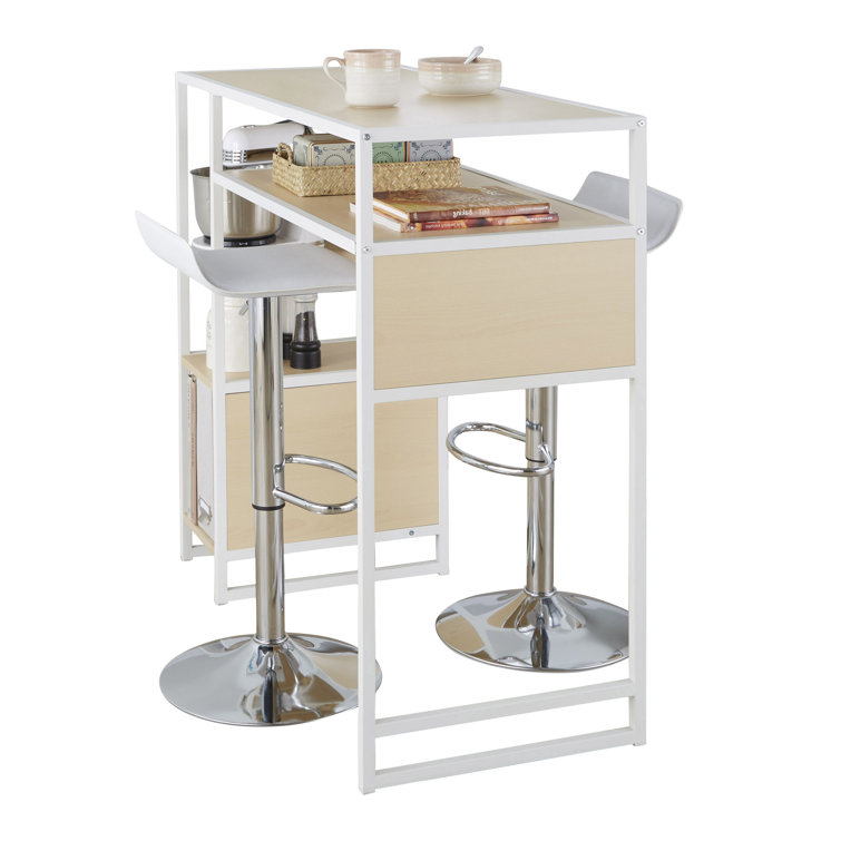 Chrome and White Adjustable Bar Set with Natural Wood Table