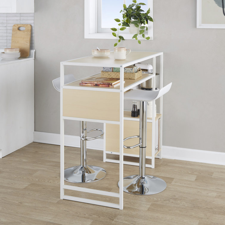 Chrome and White Adjustable Bar Set with Natural Wood Table