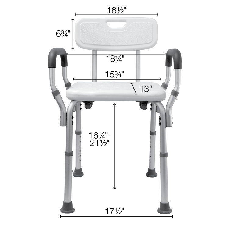 Height Adjustable White Plastic Shower Bench with Padded Arms