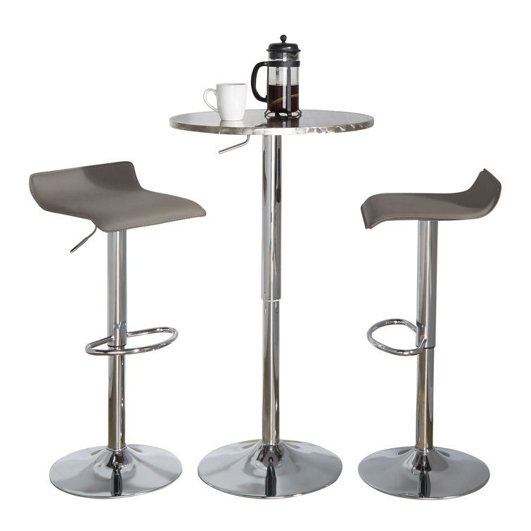 Adjustable Chrome Metal and Grey Faux Leather Bistro Bar Set - 3 Piece