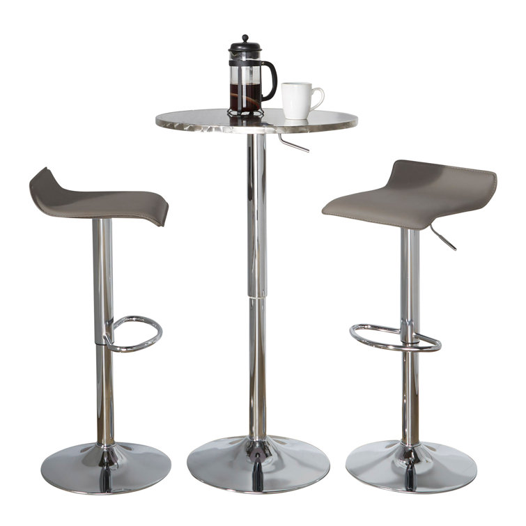 Adjustable Chrome Metal and Grey Faux Leather Bistro Bar Set - 3 Piece
