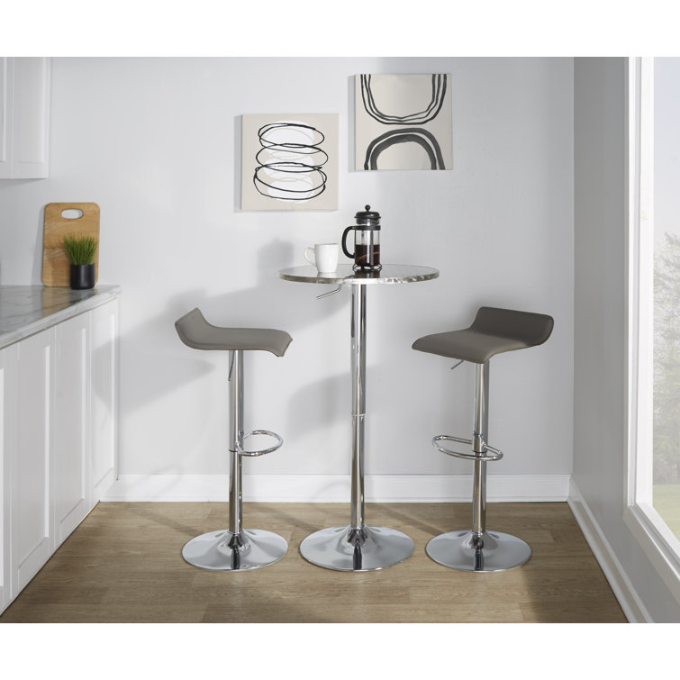 Adjustable Chrome Metal and Grey Faux Leather Bistro Bar Set - 3 Piece