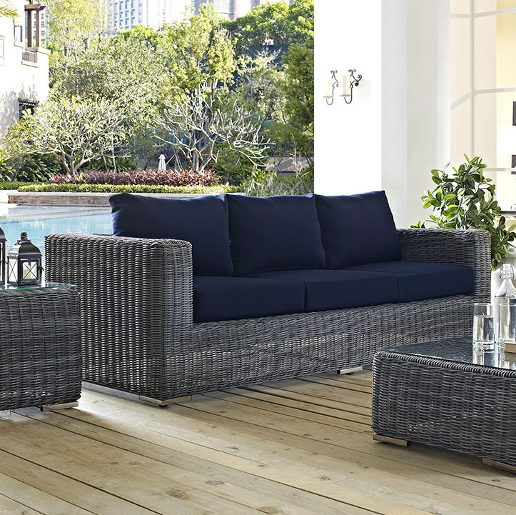 Navy Canvas Wicker Outdoor Sectional Sofa with Aluminum Frame