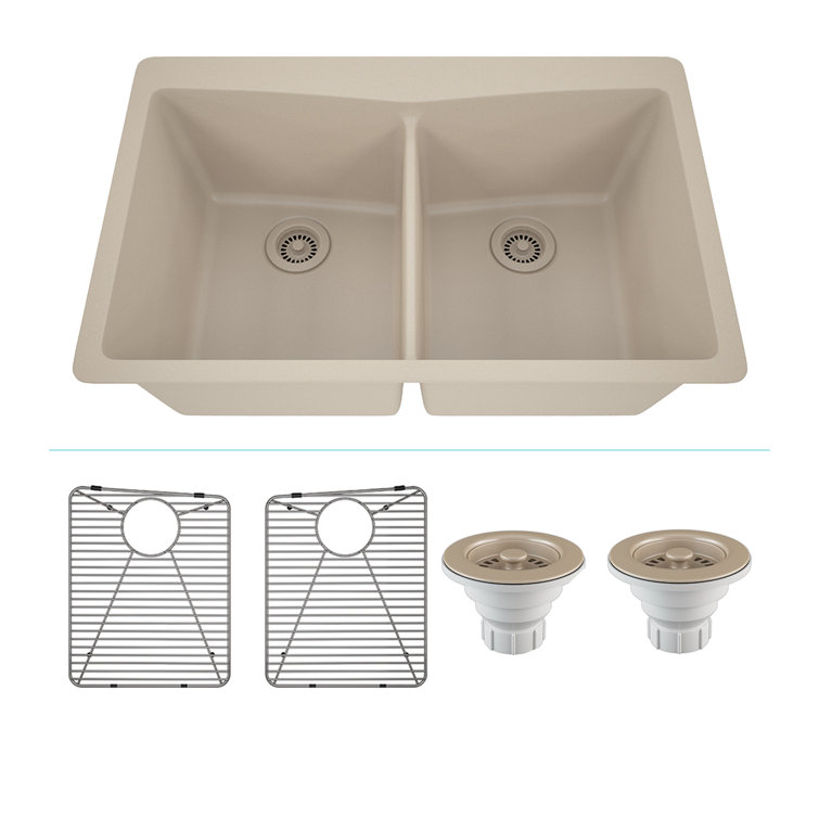 Beige 33" Double Bowl Quartz Drop-in Kitchen Sink