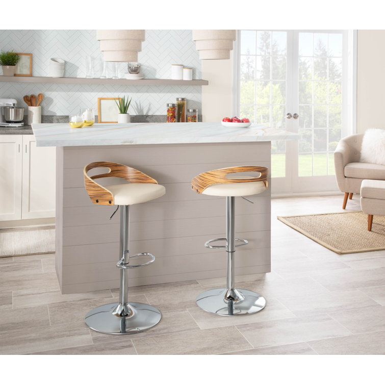Cassis Adjustable Cream Faux Leather and Zebra Wood Barstool Set