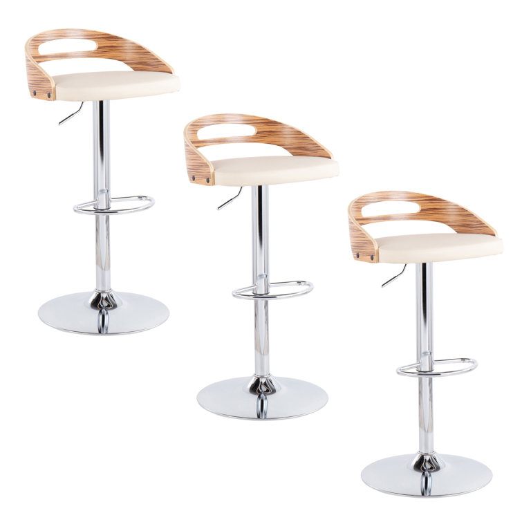 Cassis Adjustable Cream Faux Leather and Zebra Wood Barstool Set