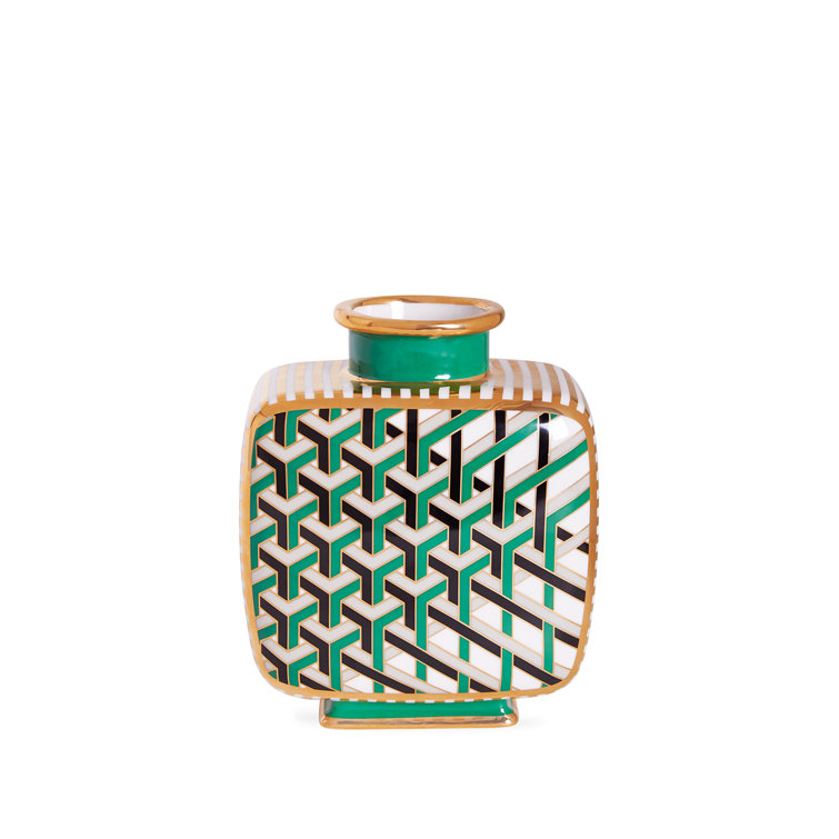 Gold and Green Porcelain Square Decorative Vase