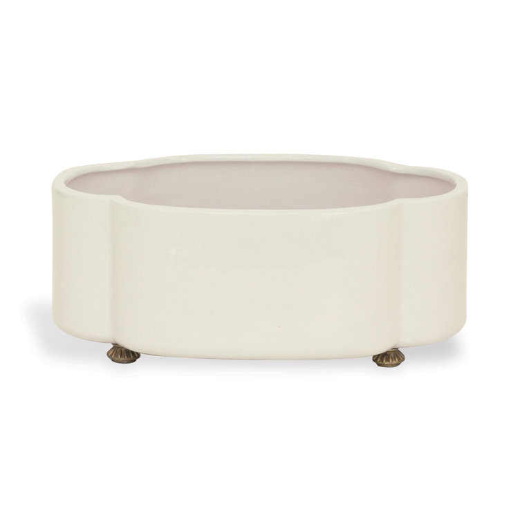 Carol Oval Cream Ceramic Planter with Brass Feet