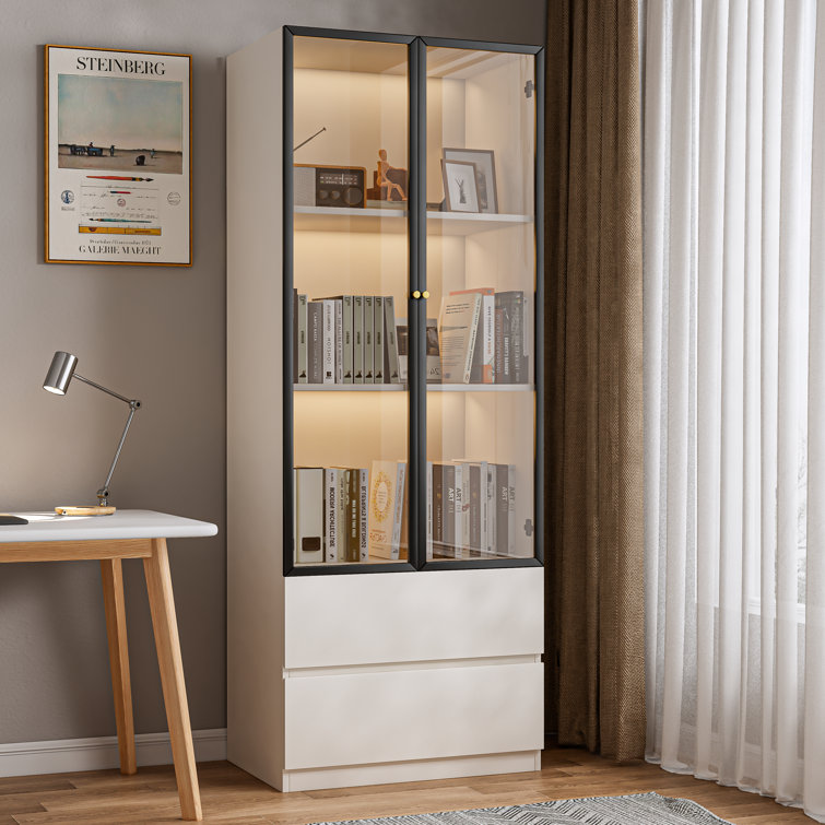 Modern White and Black Lighted China Cabinet with Glass Doors