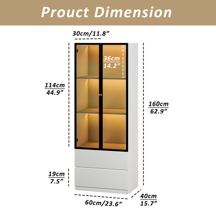 Modern White and Black Lighted China Cabinet with Glass Doors